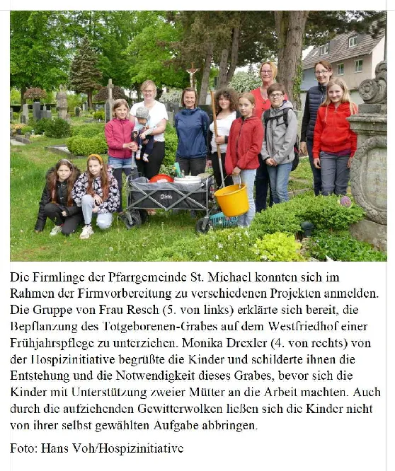 Firmlinge pflegen das Totgeborenen-Grab
