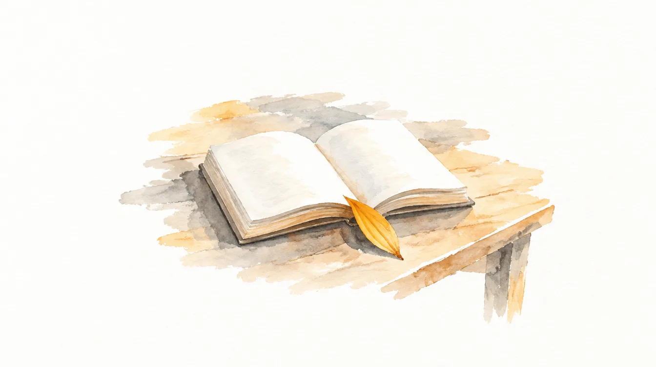 Aquarell: ein aufgeschlagenes Buch mit einem Sonnenblumenblatt als Lesezeichen