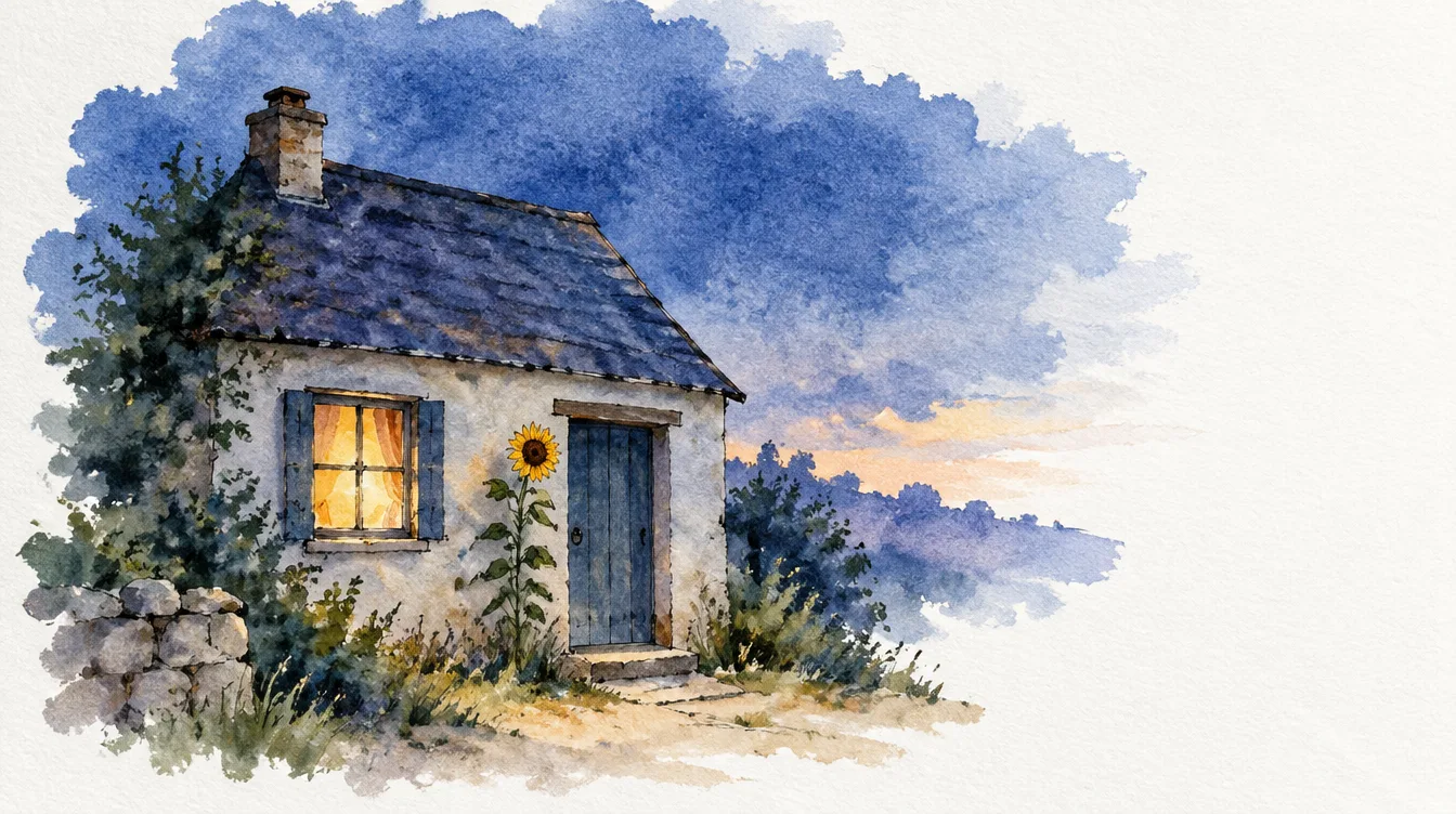 Aquarell: ein kleines Haus in der Dämmerung, ein Fenster leuchtet warm, neben der Tür eine Sonnenblume
