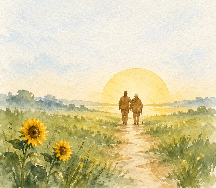 Aquarell: zwei Menschen gehen gemeinsam einen Weg durch ein Sonnenblumenfeld der Sonne entgegen